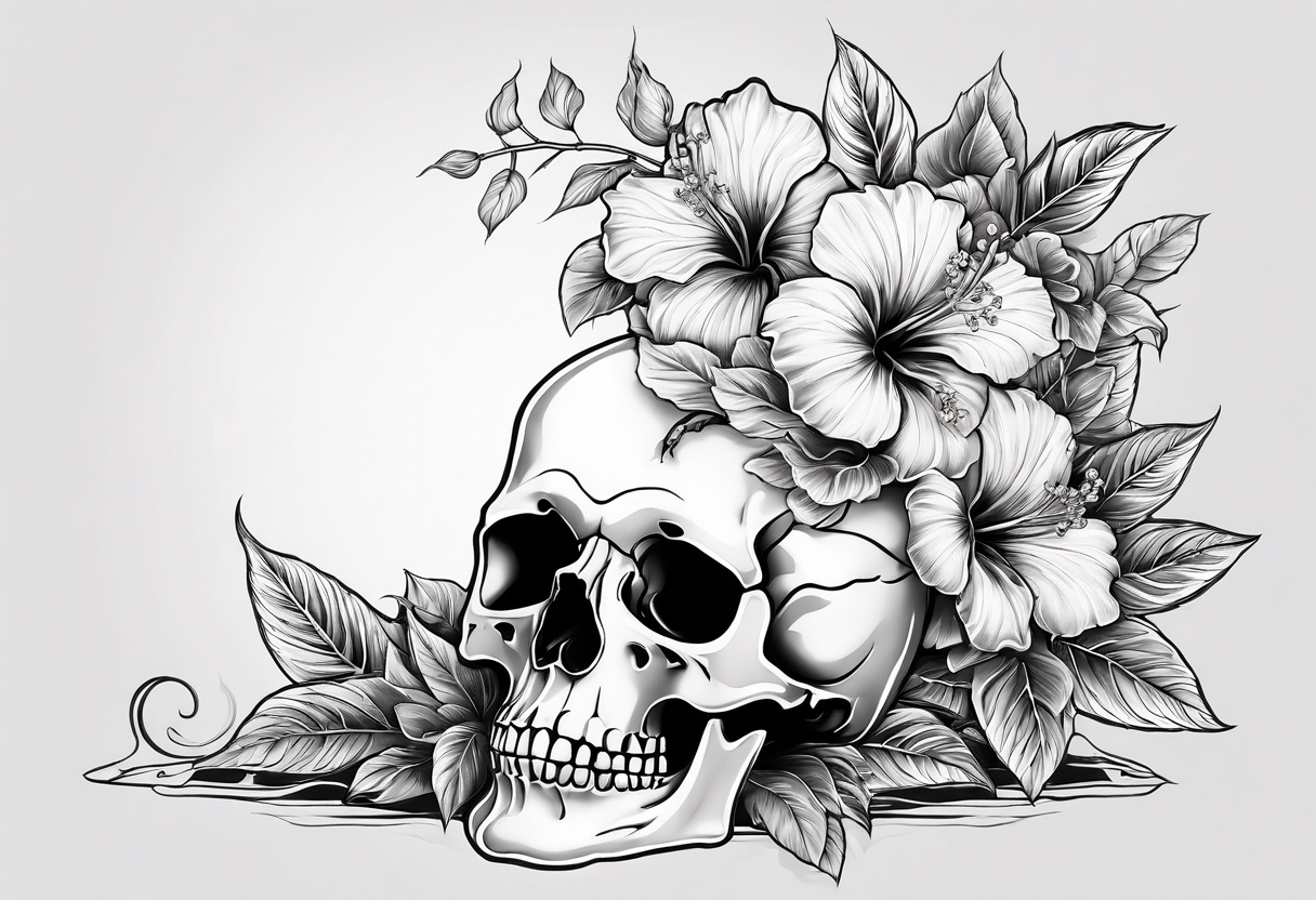 a  female skeleton of bones laying in a bed surrounded by hibiscus flower. tattoo idea