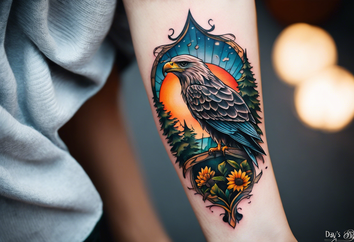 Small norma arm tattoo. Black kite (Daya's name), nature (trees/sea), small sunflower. Soft colours tattoo idea