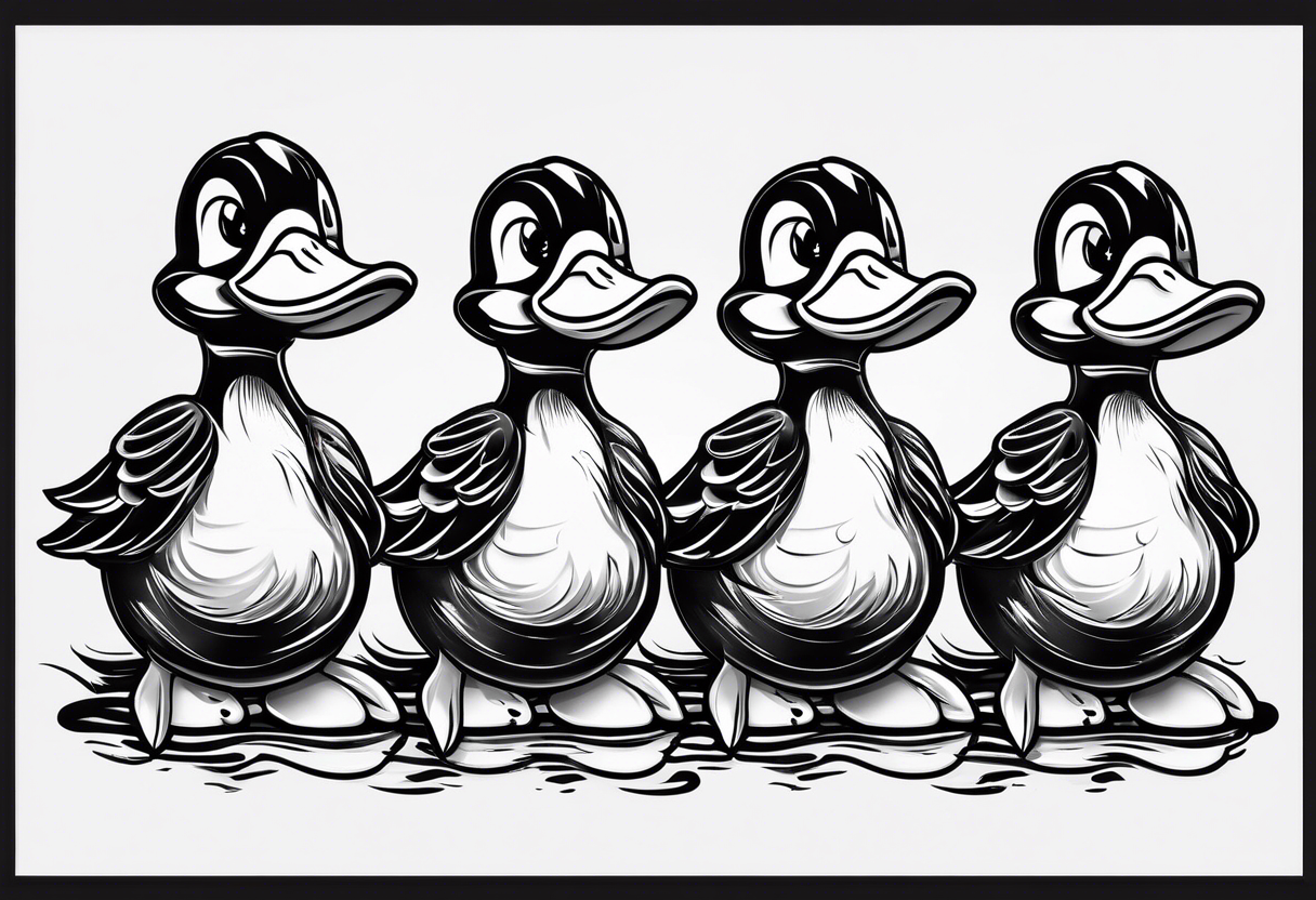 3 ducks in a row

The ducks are rubber duck, cartoonish 

1st duck is holding a roll of paper under its wing

2nd duck is wearing a radio headset 

3rd duck is holding a screwdriver in its bill tattoo idea