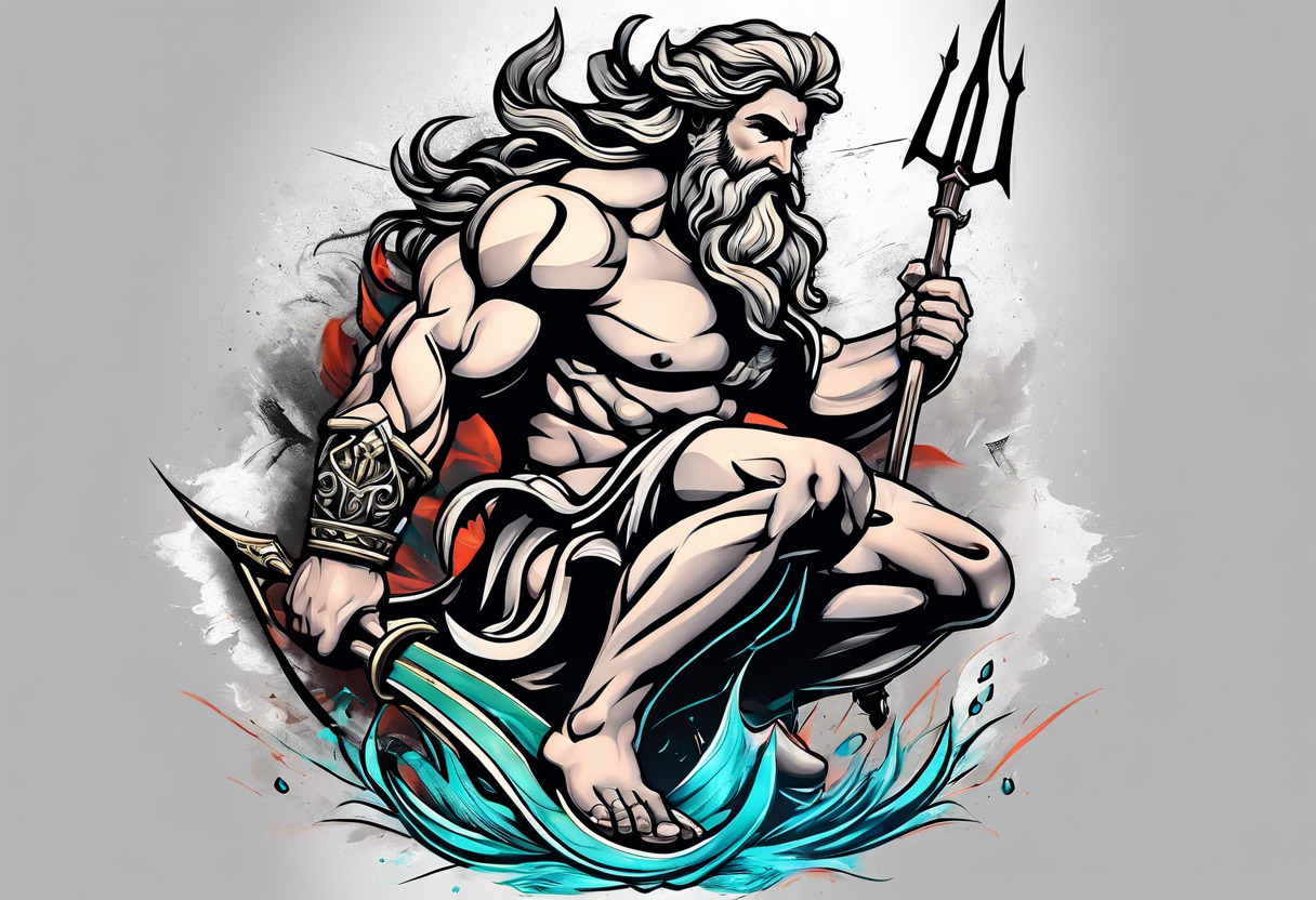 Poseidon with arrows in his back, full of anger and pain kneeling on his knee.
Make it look realistic, muscular and him masculine tattoo idea