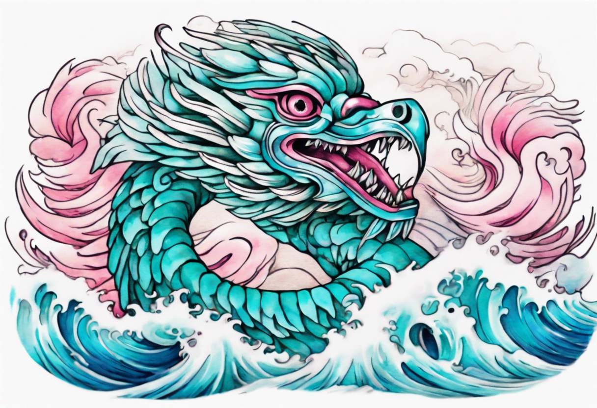 a turquoise and white and pink sea Quetzalcoatl with beautiful eyes emerging from the blue waves of the ocean tattoo idea