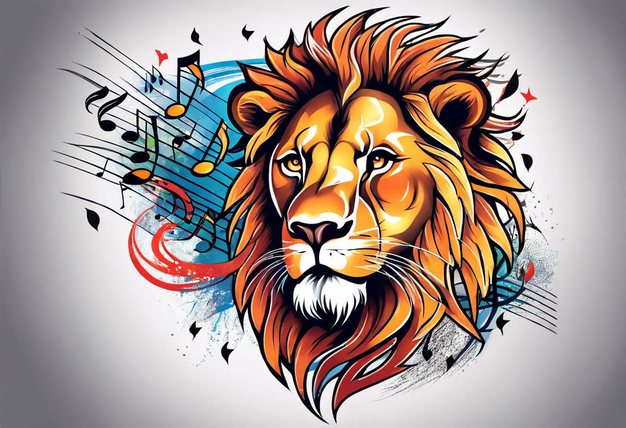 lion throwing music notes and thunder bolts tattoo idea