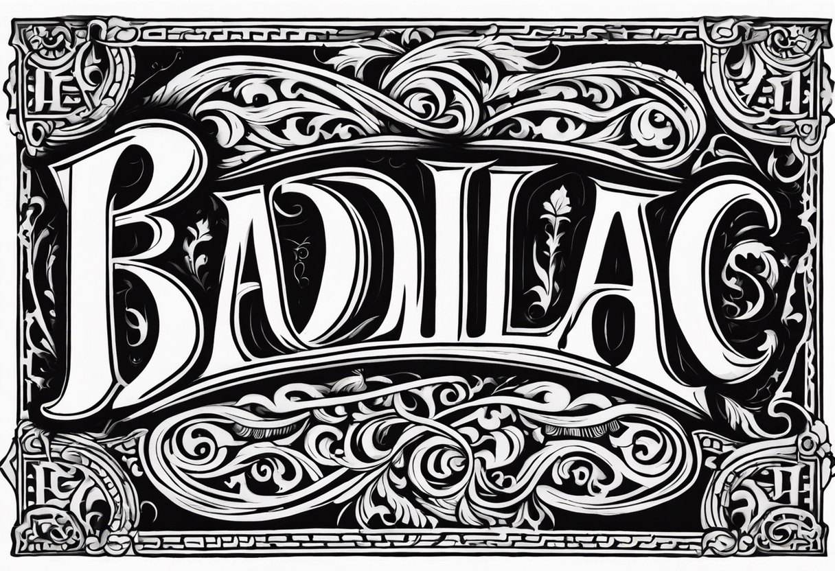 The word "BADILLAC" in medival engraving font tattoo idea