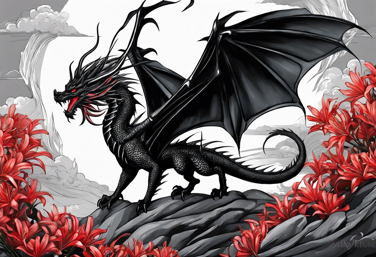 Black dragon. Red Lycoris radiata. Lightning. No background. Arm or Shoulder. tattoo idea