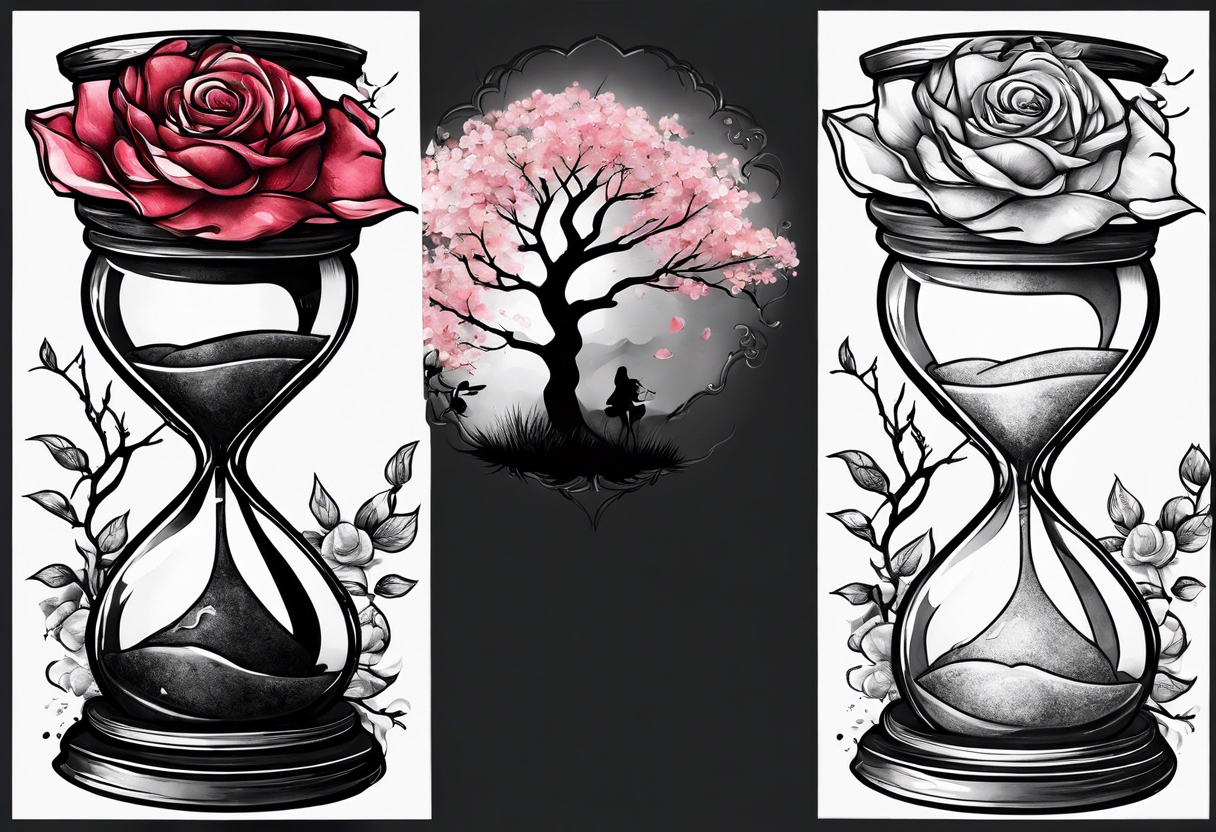 Rose on hourglass with sakura tree inside tattoo idea