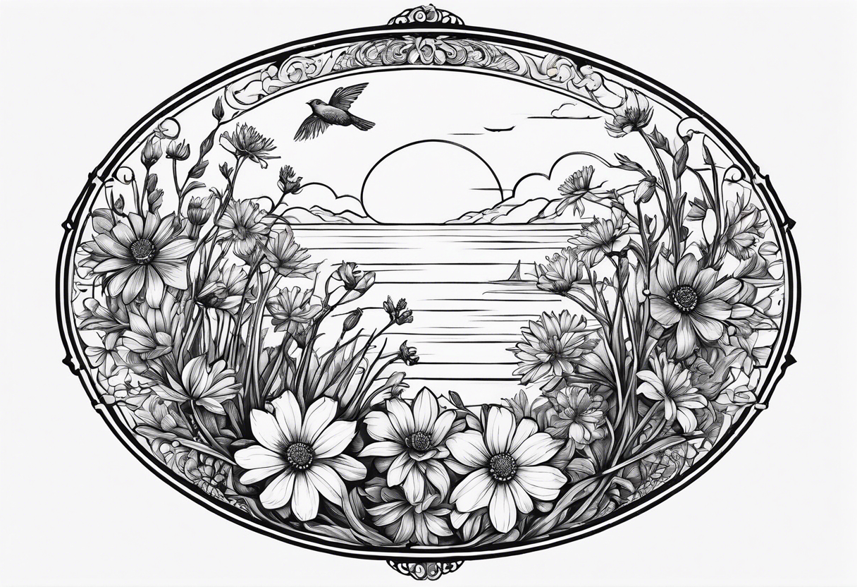 Oval shape with sea rocket and aster flowers with a small cardinal room in the center for a signature less ornate tattoo idea