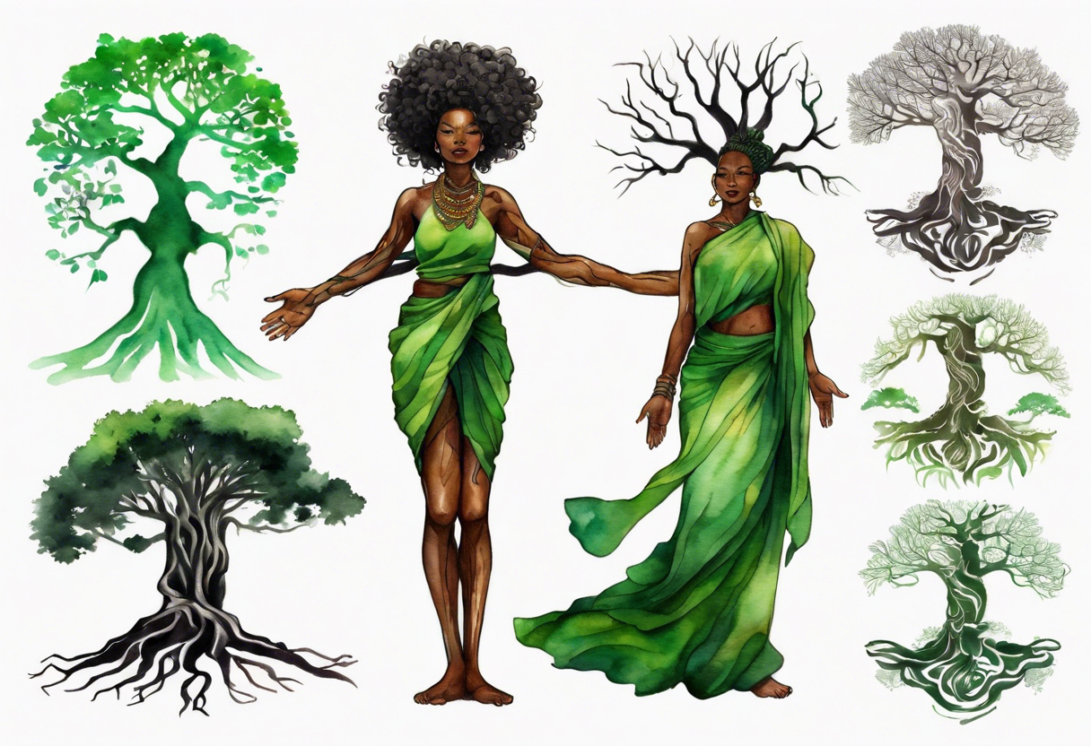 a tree trunk with roots that is a black woman from the waist up, feet made of tree roots, wearing a green tunic, arms stretched upwards towards the blazing sun tattoo idea