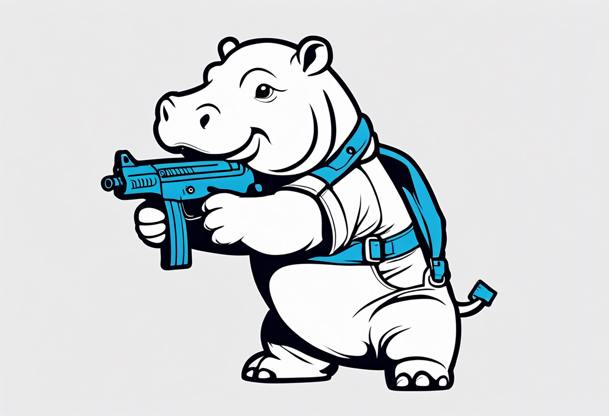 Baby hippo wearing overalls and holding a weapon tattoo idea