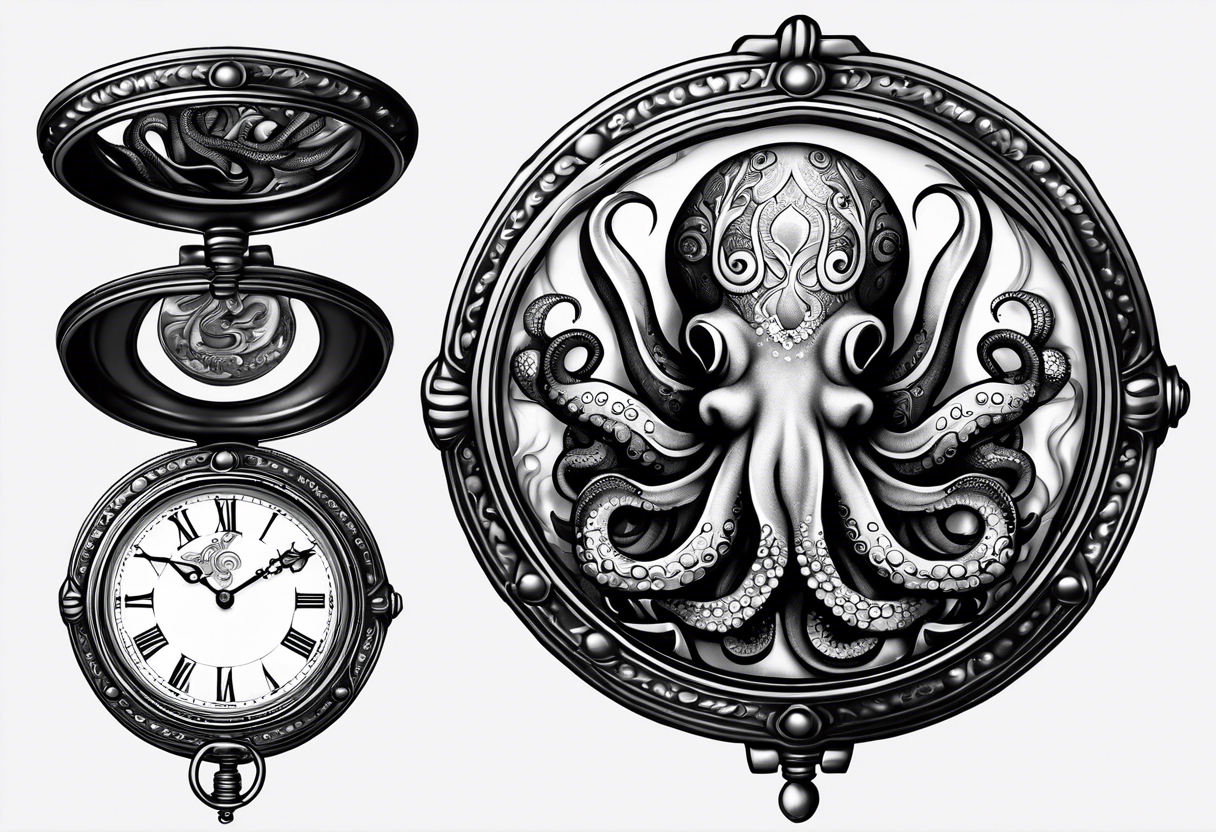 pocket watch wrapped under an aggressive octopus, side perspective tattoo idea