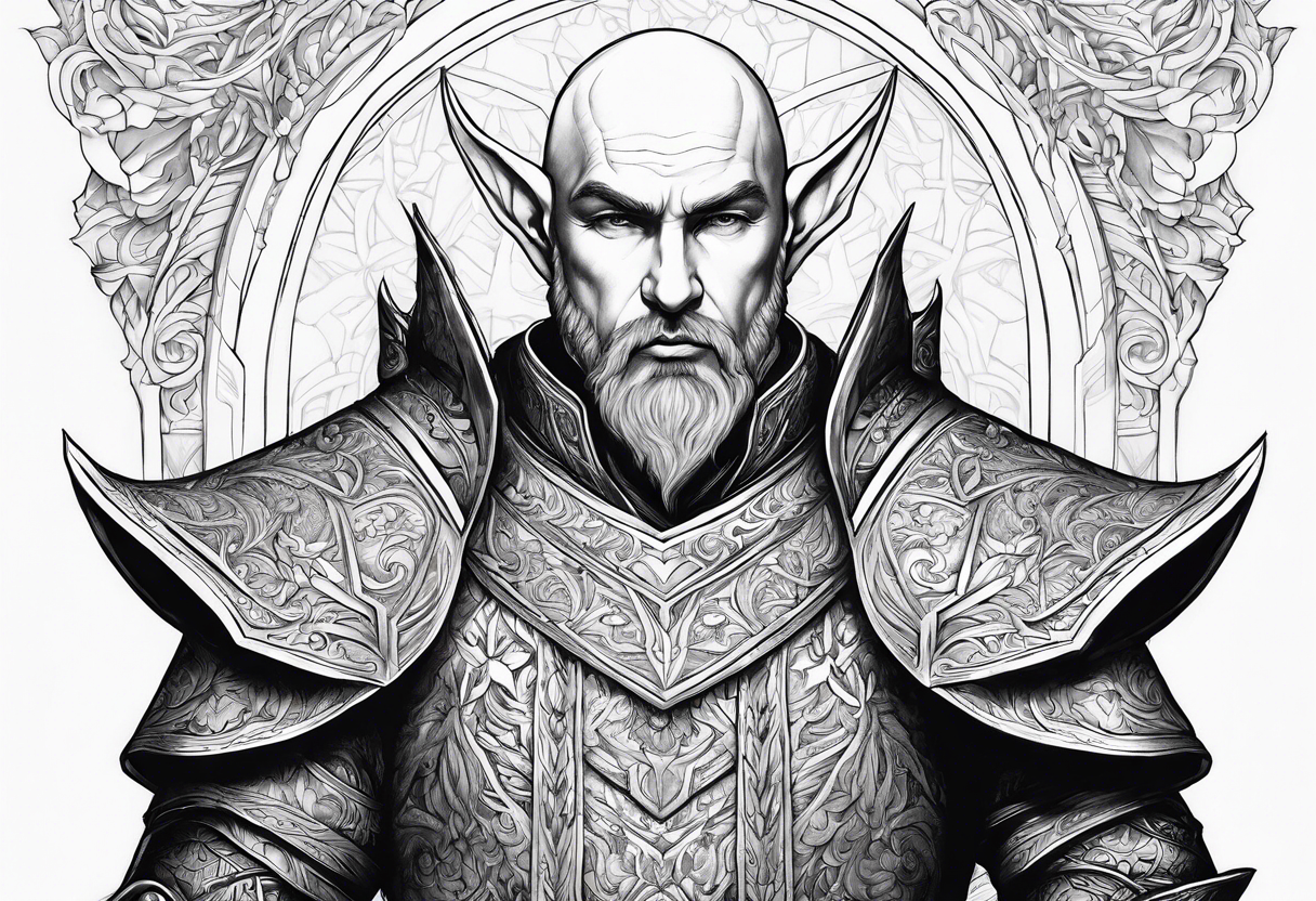 a full body picture of a human-elf, bearded bald male, paladin, from a distance tattoo idea