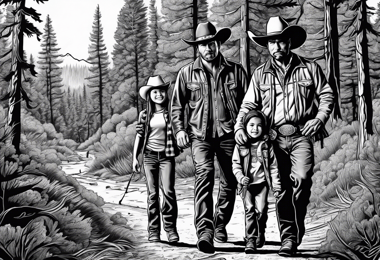 A man in cowboy hat with his family hiking through the Forrest. Add Mexican American tone tattoo idea