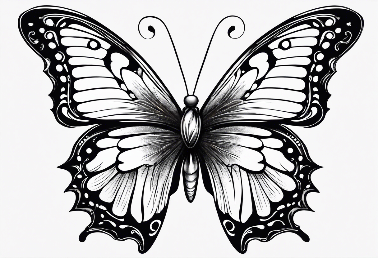 Butterfly with one side of the butterfly wings has angel feathers, the otherside of the butterfly wing shaped out of lily flowers. Add daffodil and daisy’s around the top and bottom tattoo idea