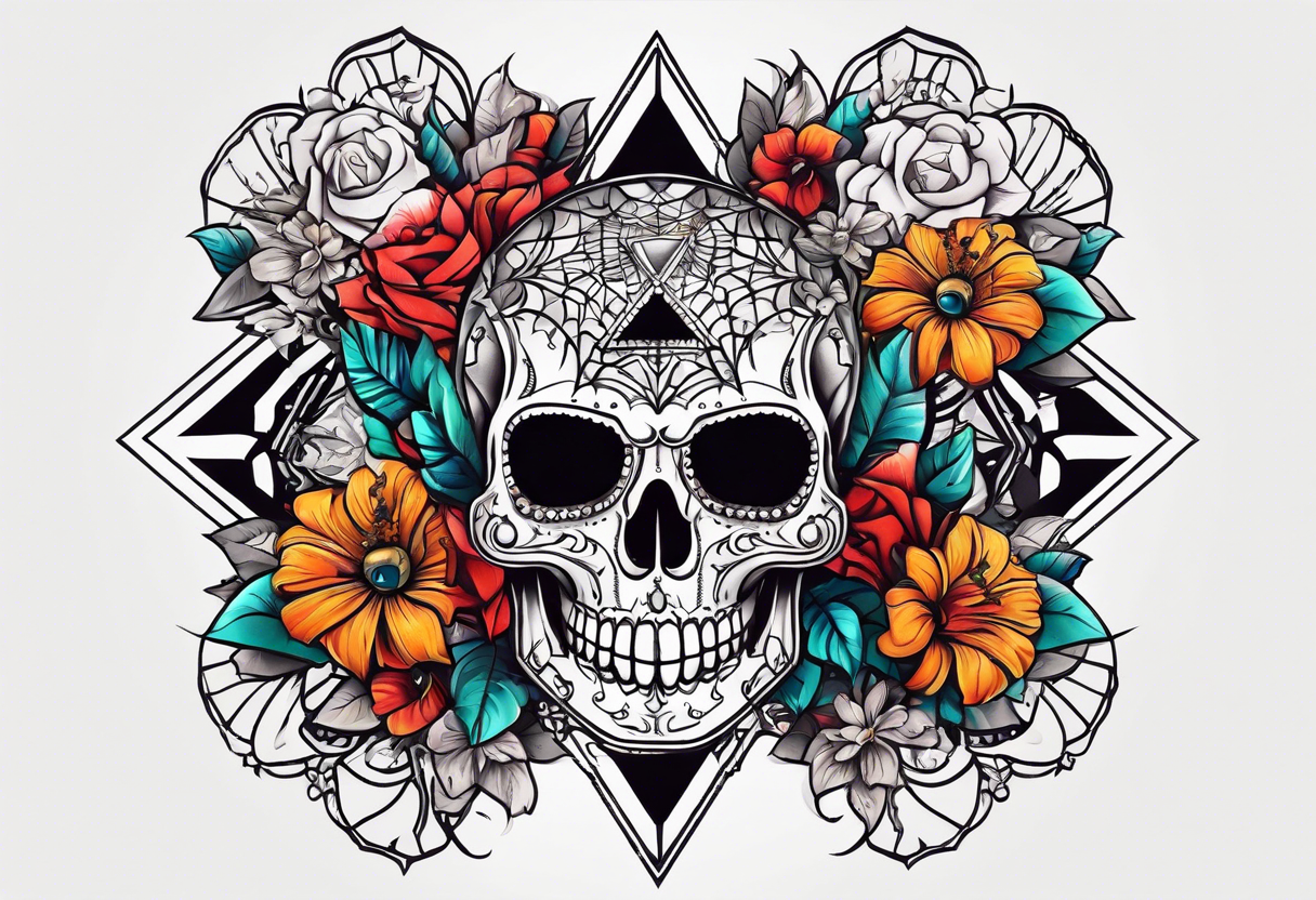 Traditional knee tattoo with skull and spider, geometric shapes and flowers tattoo idea