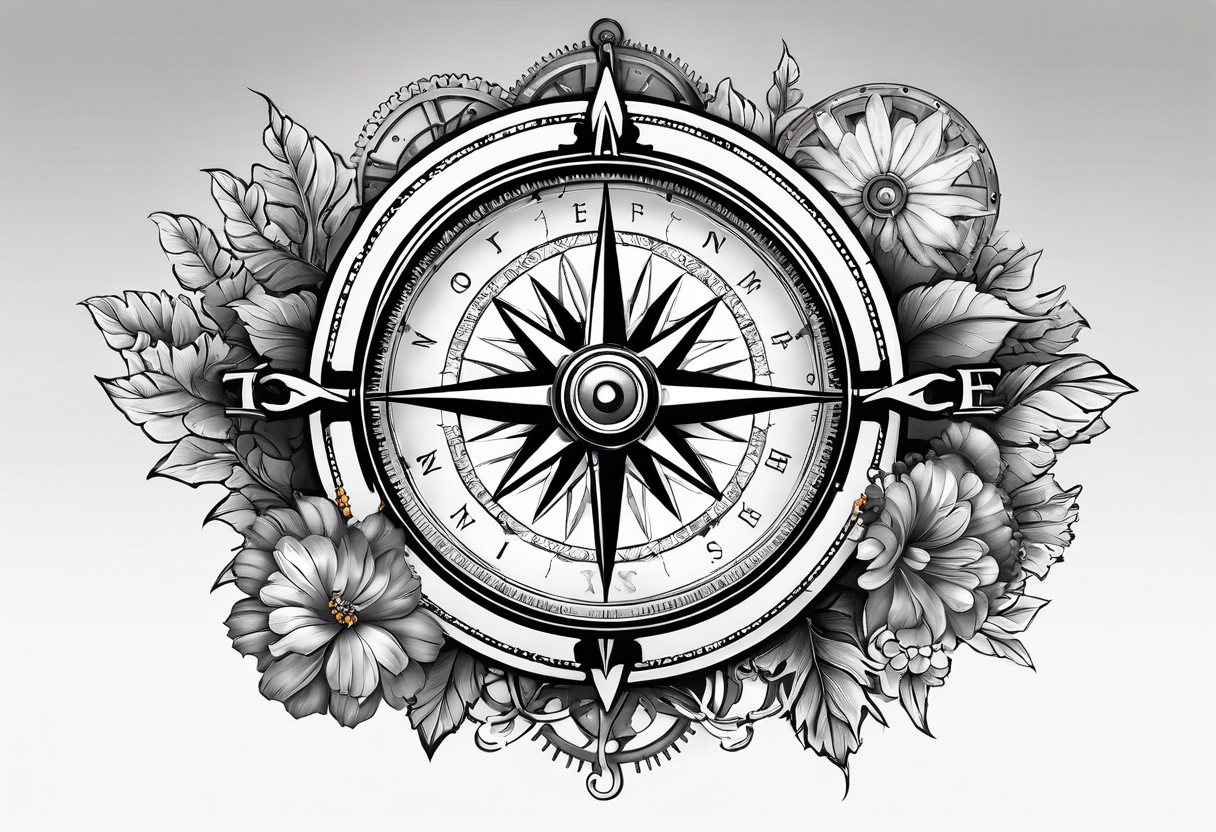 A Vintage compass with gears and marigold flower behind it. tattoo idea