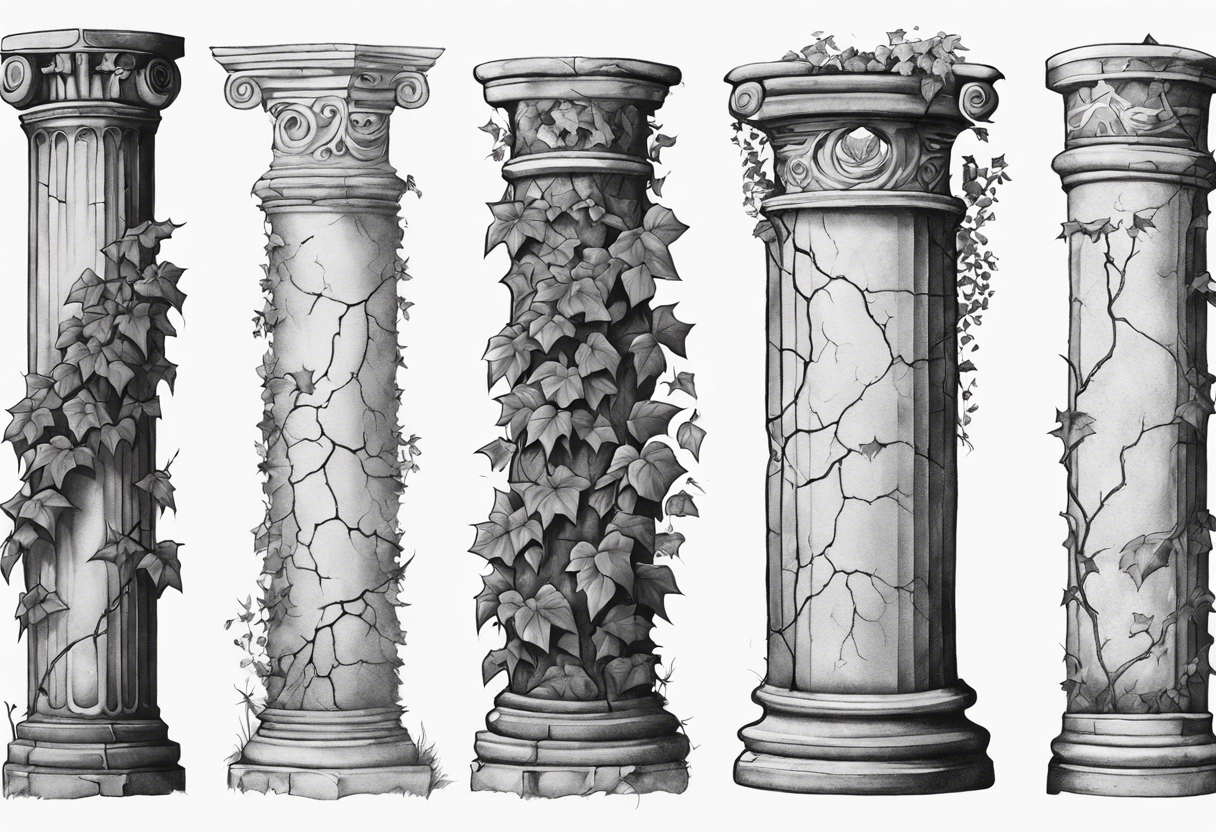 Half of a roman pillar with the word "OMNIA" inscribed on the top. It has cracks in the middle and overgrown ivy at the bottom. tattoo idea