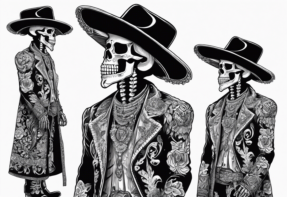 full body of standing skeleton in the suit with hat in mexican style, similar to santa muerte tattoo idea