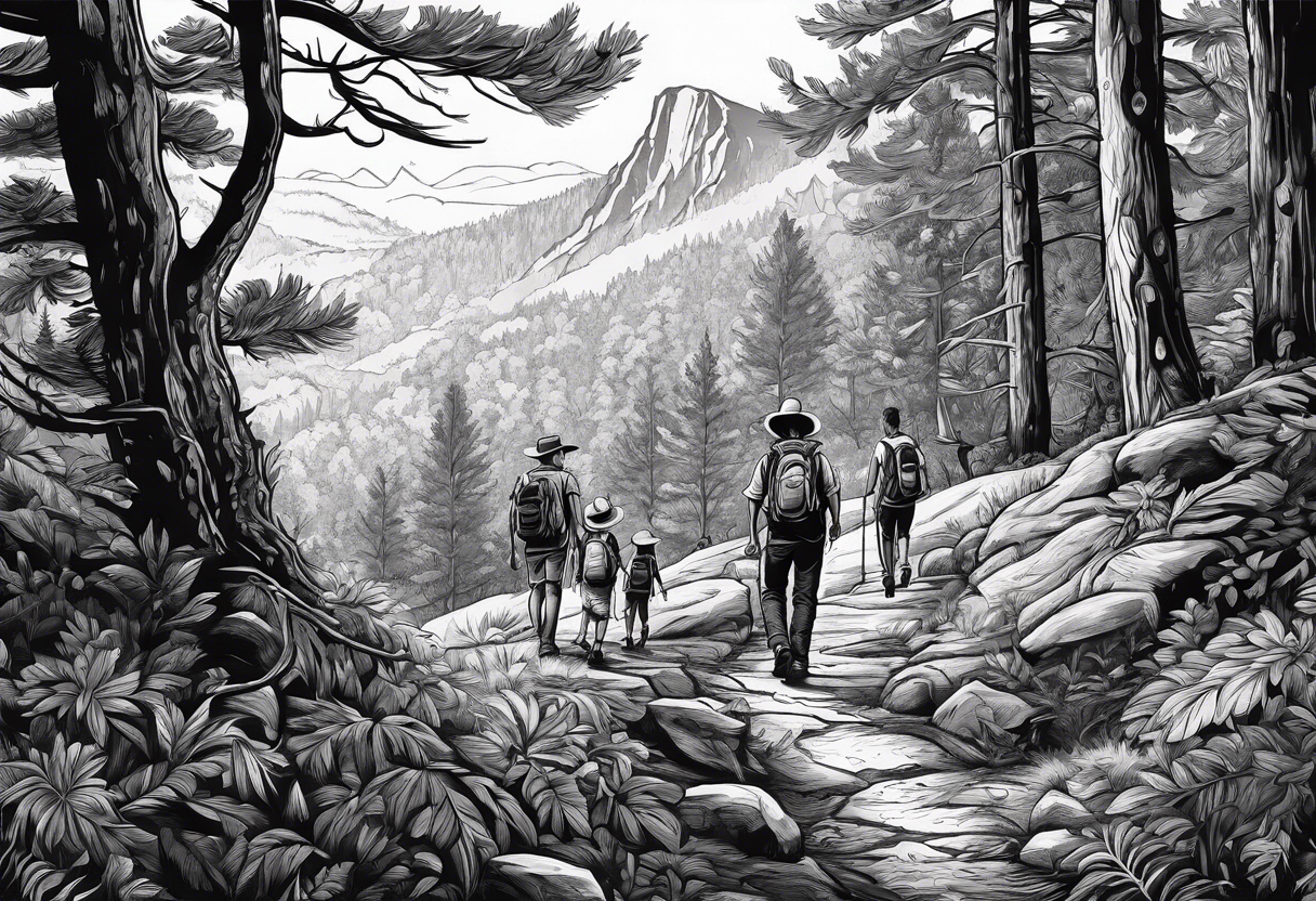 A man  with his family hiking through the Forrest. Add Mexican frame tattoo idea