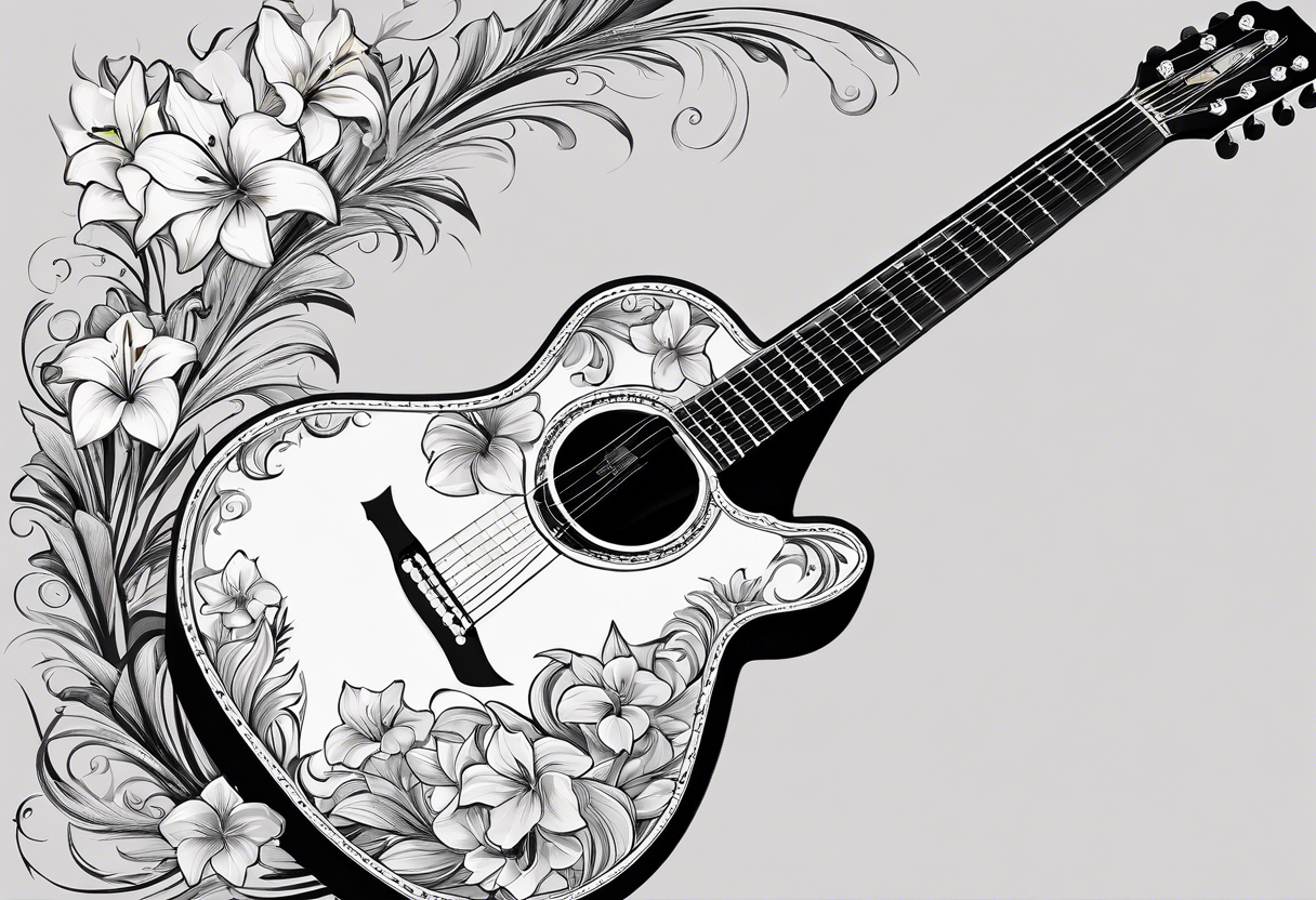 flat basic black acoustic guitar, entire guitar, wrapped with lilies around the neck, with a simple black star on the guitar body. meant for the inside of a woman's bicep tattoo idea