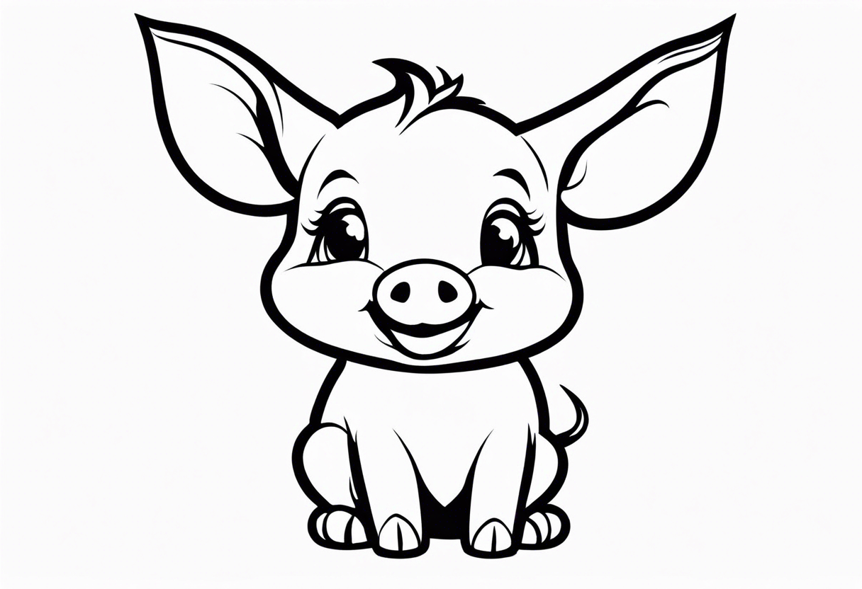 very cute happy piglet.
outline only.
black and white only.
only show the piglet. no extra lines or decoration.
no black shading.
dont make the ears too big.
draw very thin lines tattoo idea