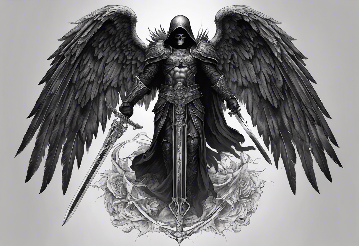 realistic full body of black angel of death, no face, face is not visible, with wings holding only one sword in both hands, the edge of the sword is killing the skull, skull is on the ground tattoo idea