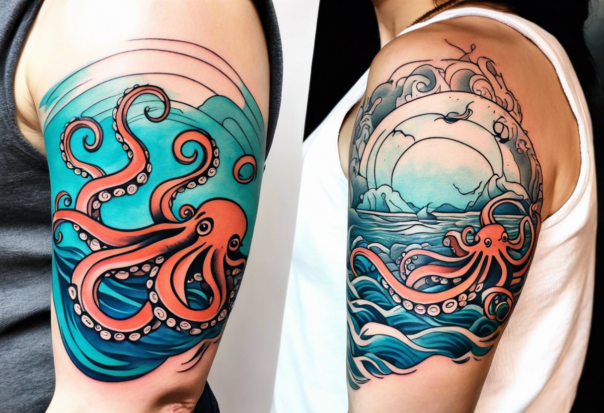 Full sleeve arm tattoo with octopus and sea scene tattoo idea