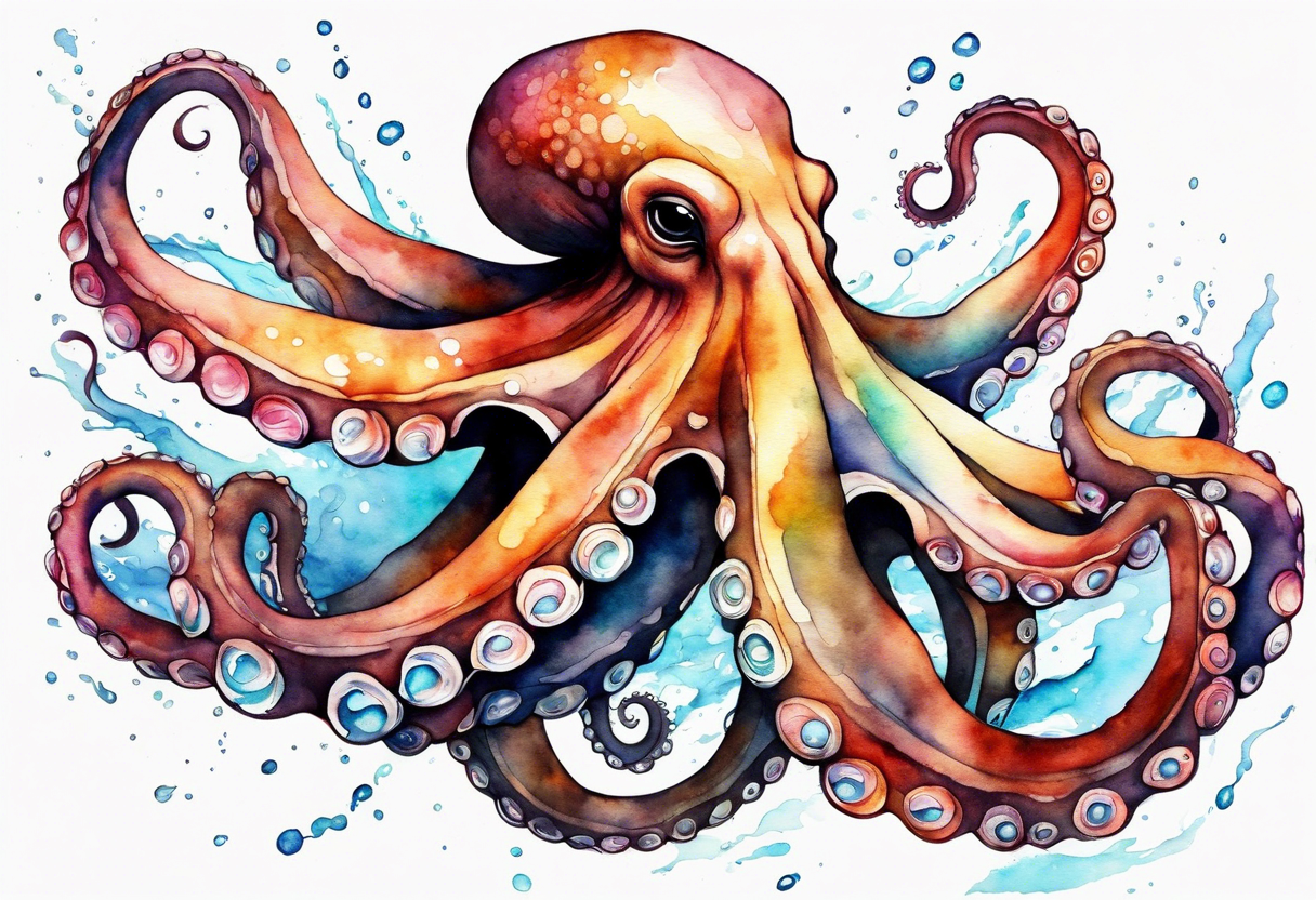 Using the watercolor technique to create a soft, flowing depiction of an octopus, with vibrant colors that bleed outside the lines to represent the fluidity of water. tattoo idea