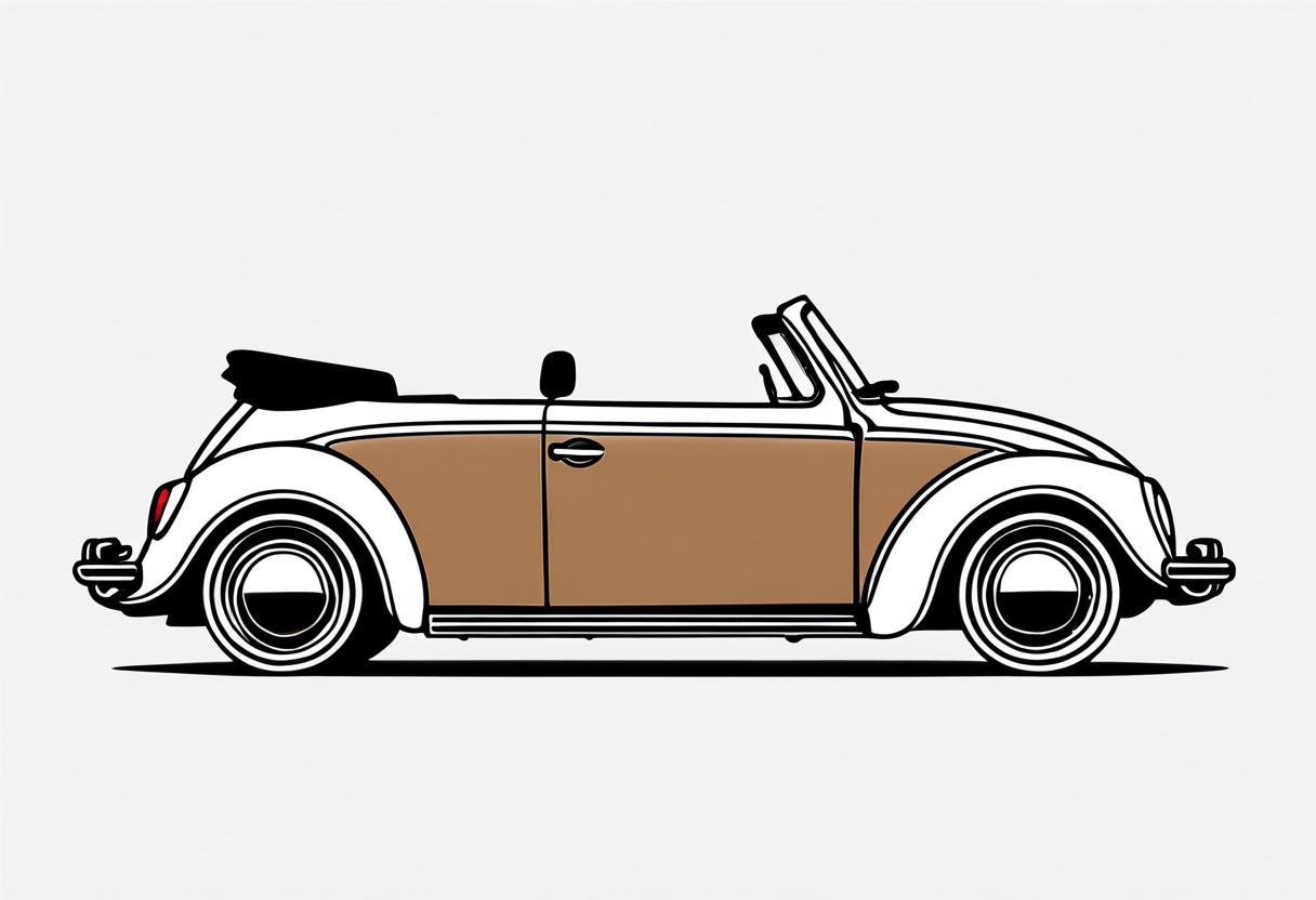 VW beetle convertible, side profile, top-down, modern, linework, minimal, no shadow, no solid shading, brown lines tattoo idea