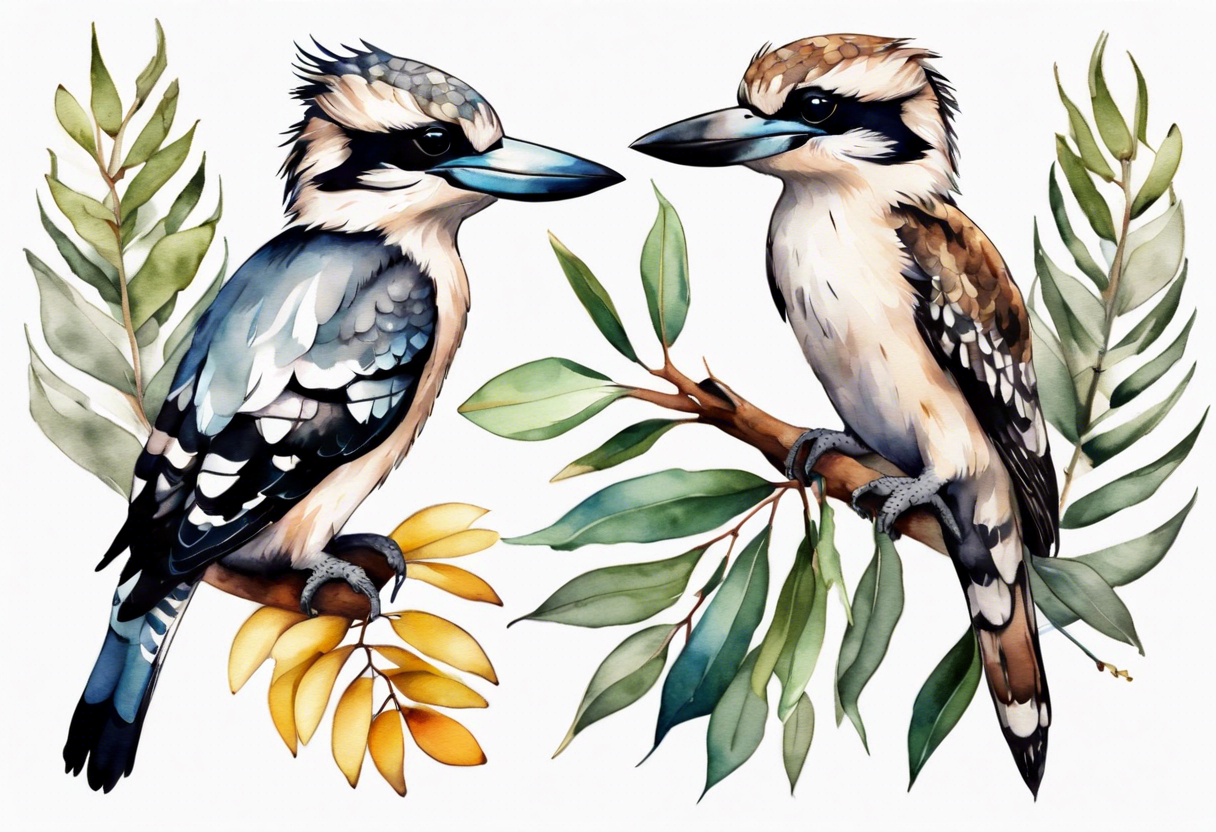 Small kookaburra sitting on eucalyptus leaves and wattle leaves tattoo idea