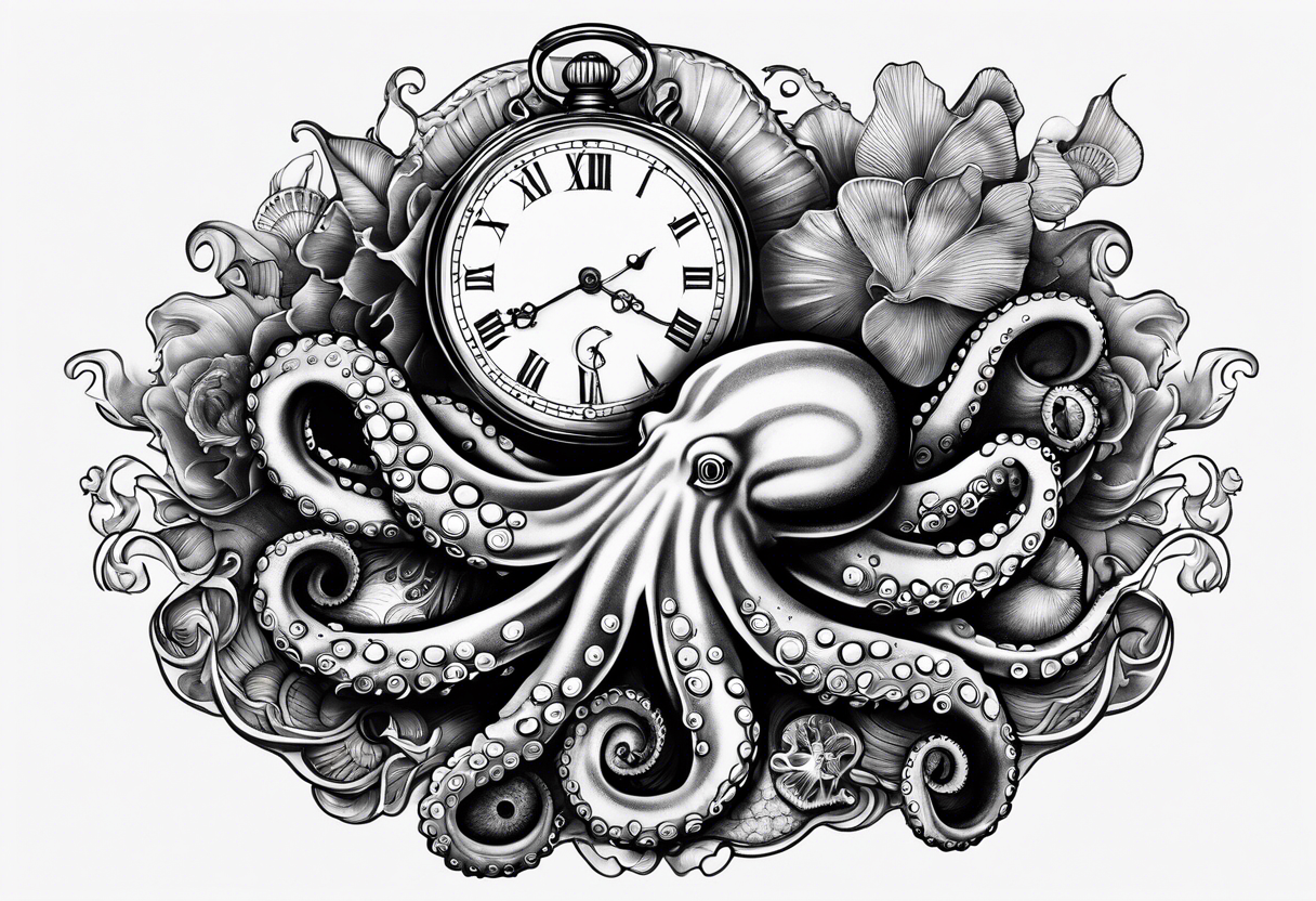 Octopus, pocket watch, seashells tattoo idea