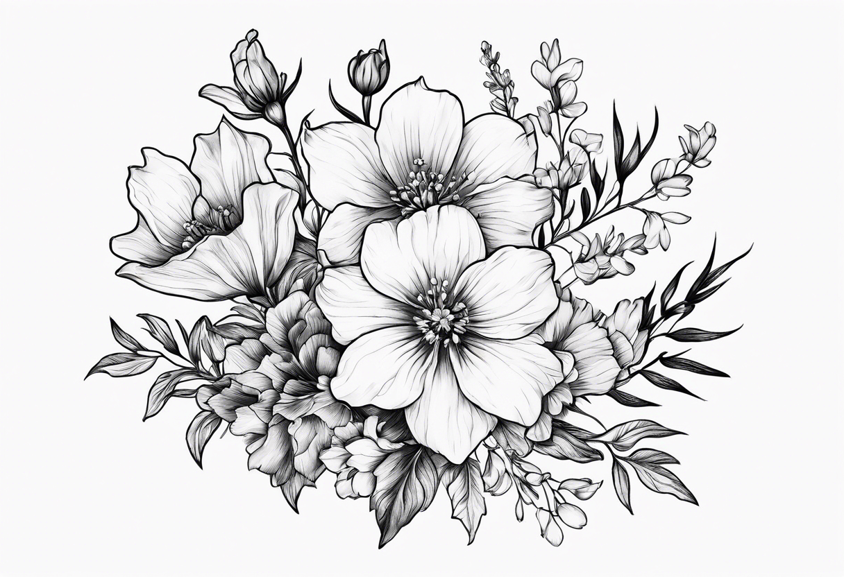 Simple Tattoo of florals of larkspur with stem, carnation, violet,  daisy tattoo idea