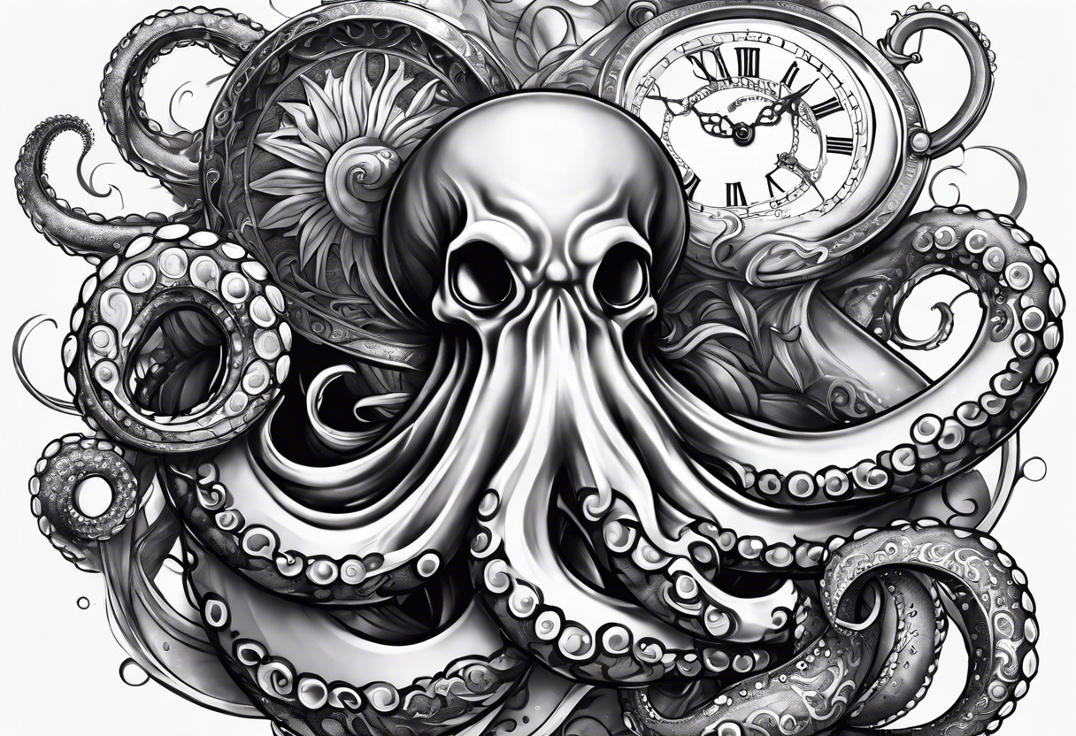 to be drawn in the arm, pocket watch wrapped under an aggressive octopus in side view tattoo idea