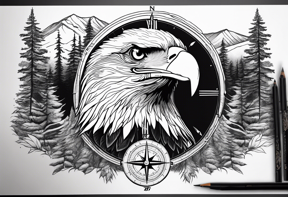 Bald eagle head with forest scenery and compass tattoo idea