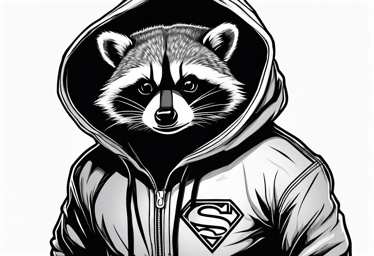 raccoon wearing a Superman hoodie with classic Superman logo tattoo idea