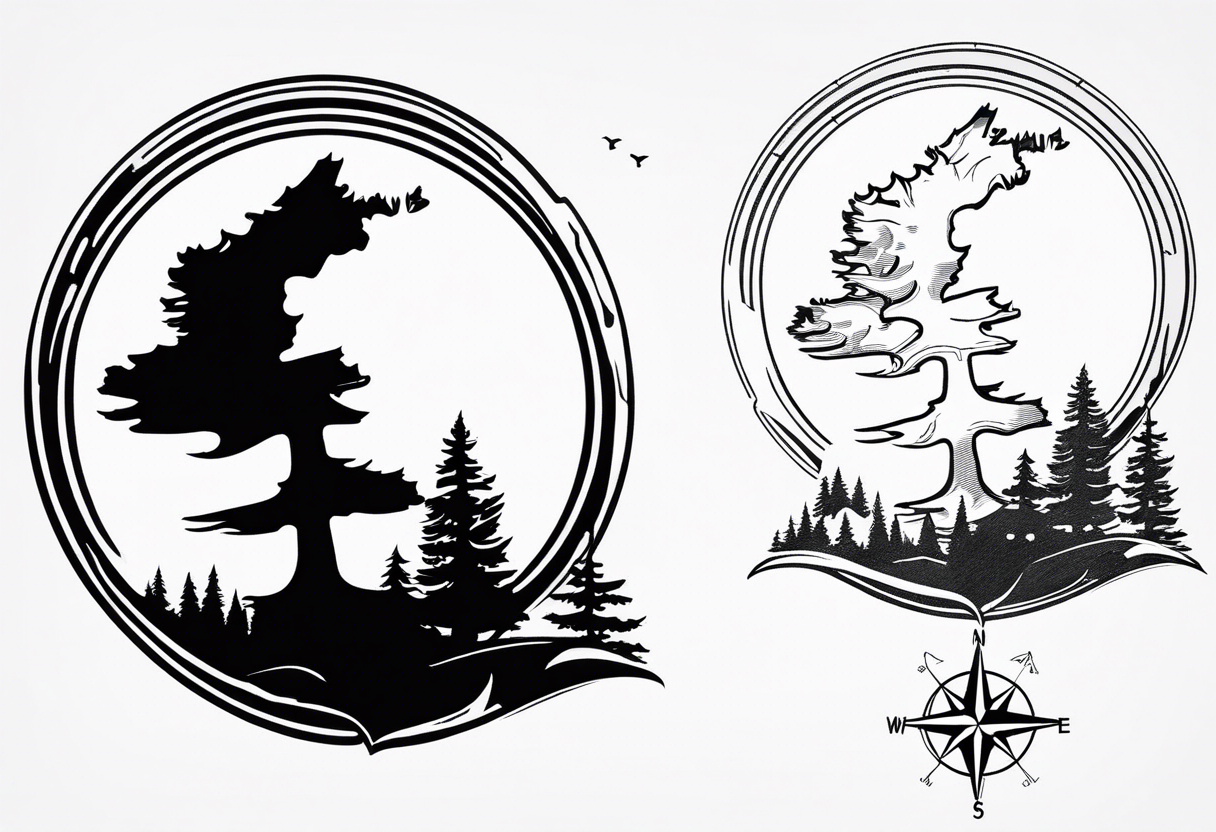 using the outline of the state of Michigan incorporate a pine tree and compass tattoo idea