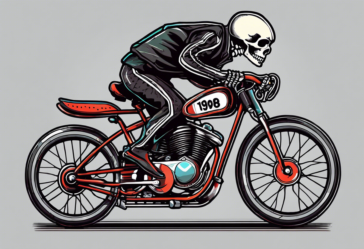 Skeleton rides a racing bicycle. It is wearing a 1980s style uniform. There is no background image tattoo idea