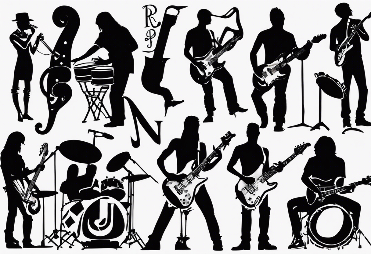 shadows of band members playing instruments. The letters R and J can be found incorporated subliminaly. tattoo idea