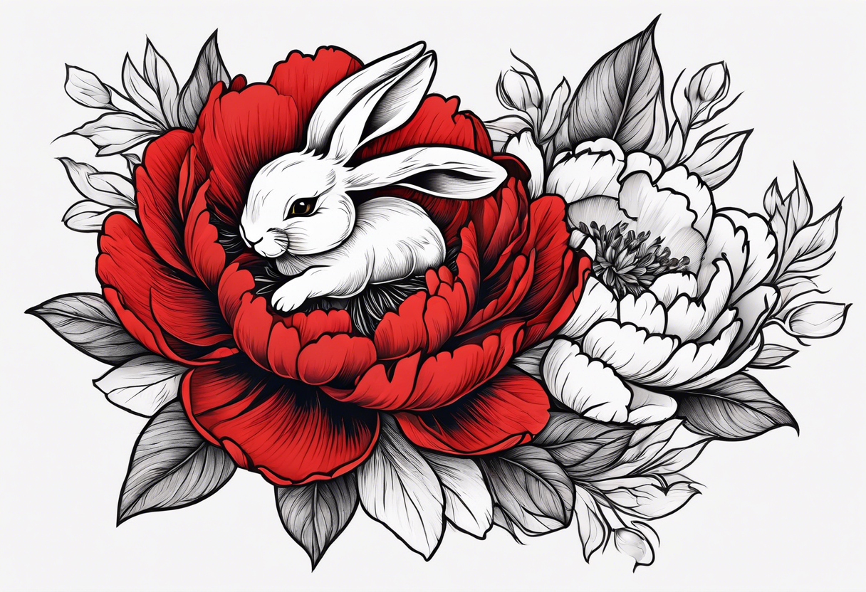 Red peony with a tiny rabbit on a petal tattoo idea