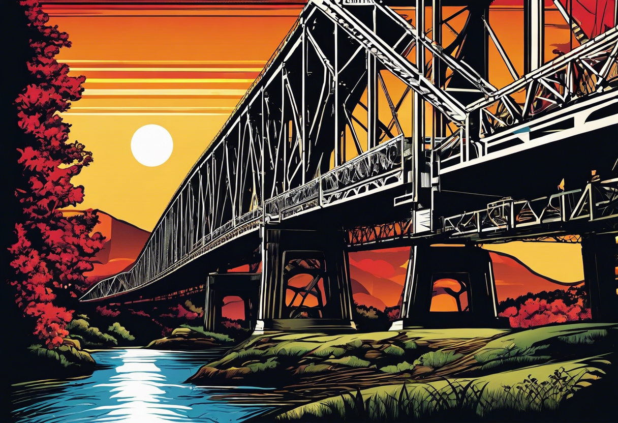 70's poster art, pop art, simple, view from under steel truss cantilever bridge tattoo idea