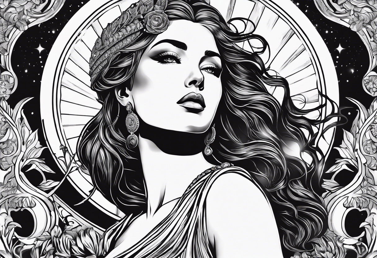 make a beautiful female woman in roman theme. Place the moon in the background tattoo idea