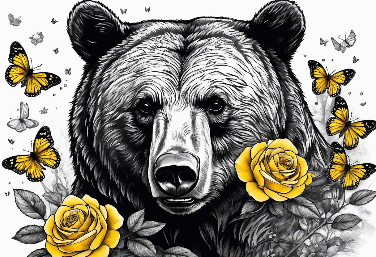 Bear under the tree of life with yellow roses and three butterflies for an upper arm tattoo. tattoo idea