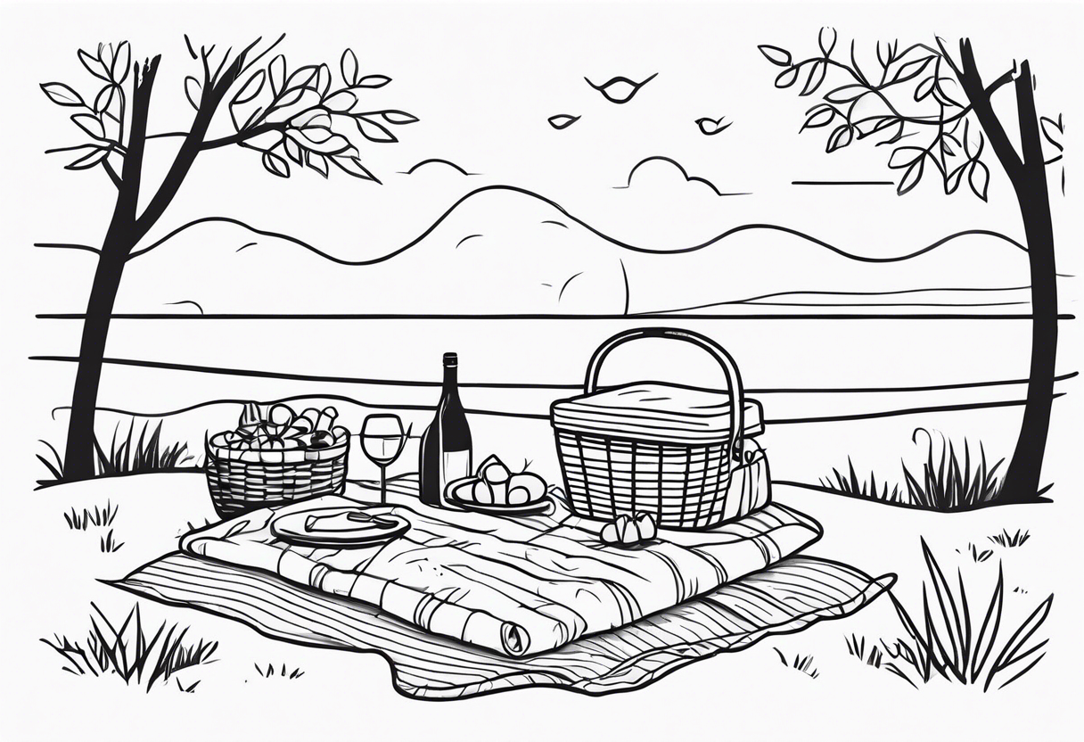 Very light and minimalstic picnic scene in nature. A blanket, picnic-basket with lid, pillows and party tennants. Thin lines. tattoo idea