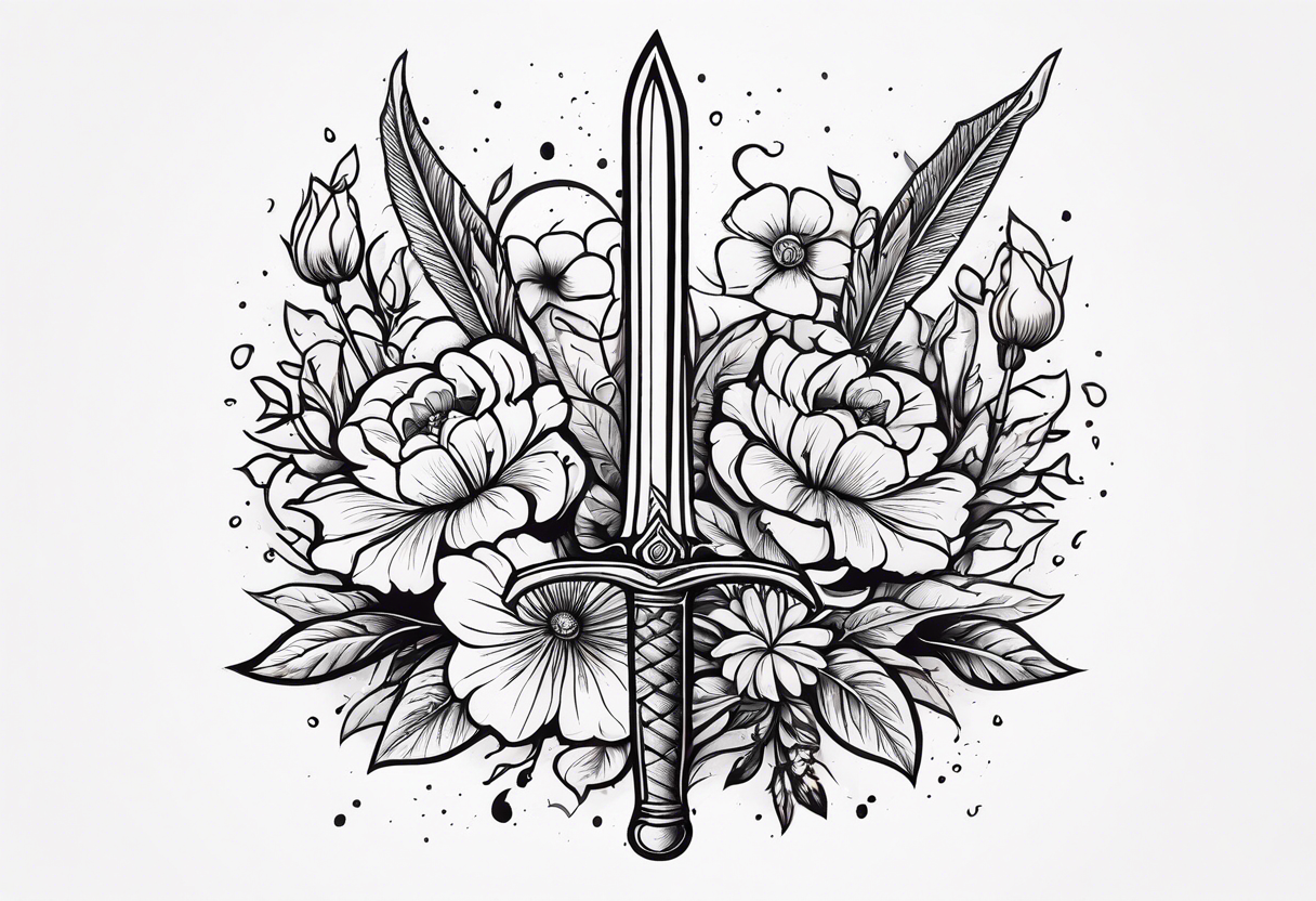 Bloody sword and flowers tattoo idea