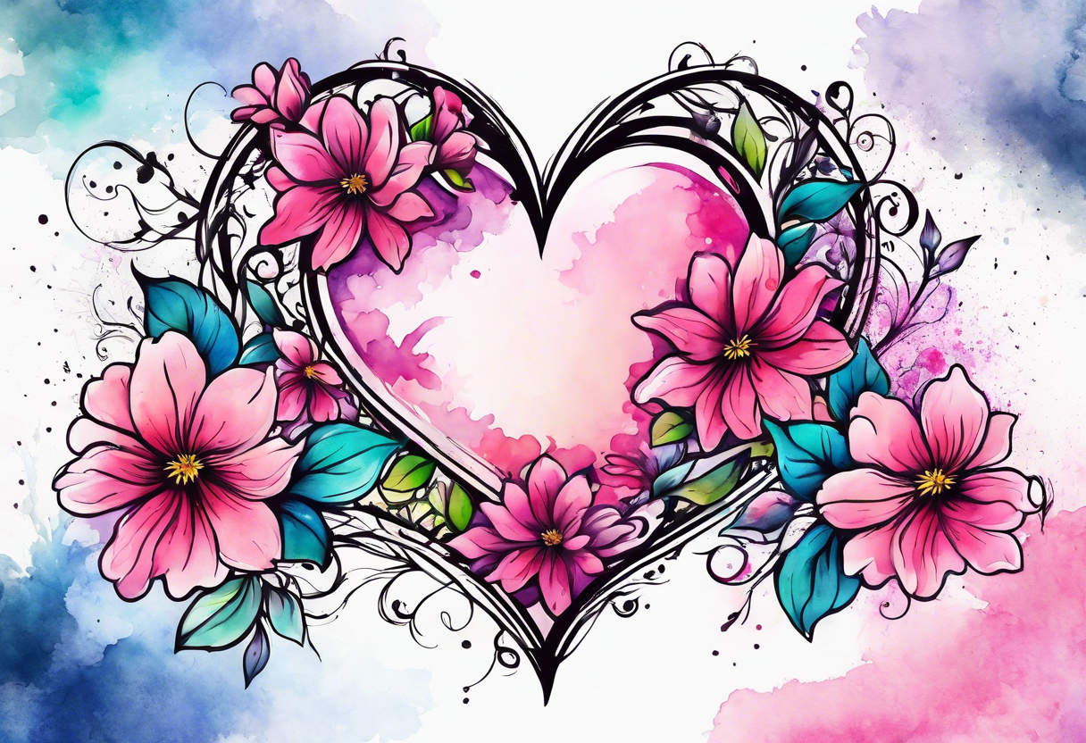 Flowers around a heart with pink splatter water color background tattoo idea