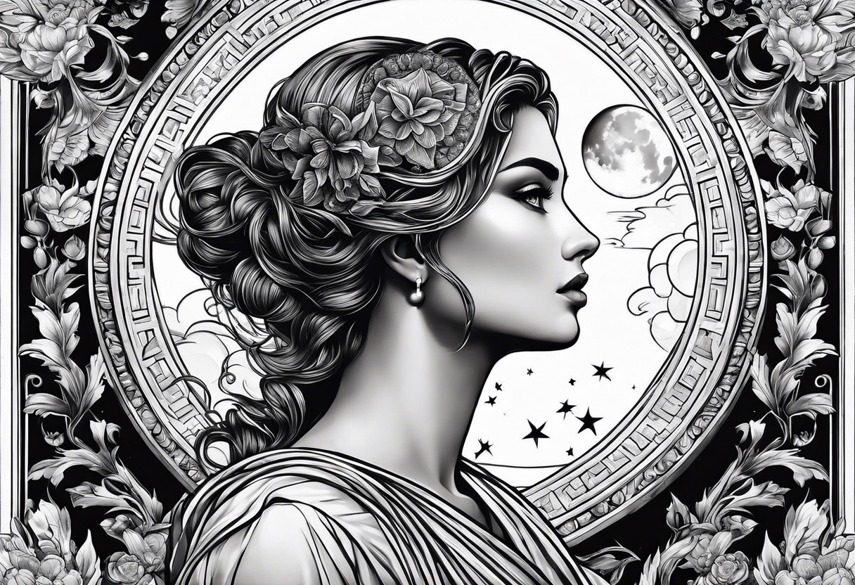 make a beautiful female woman in roman theme. Place the moon in the background tattoo idea