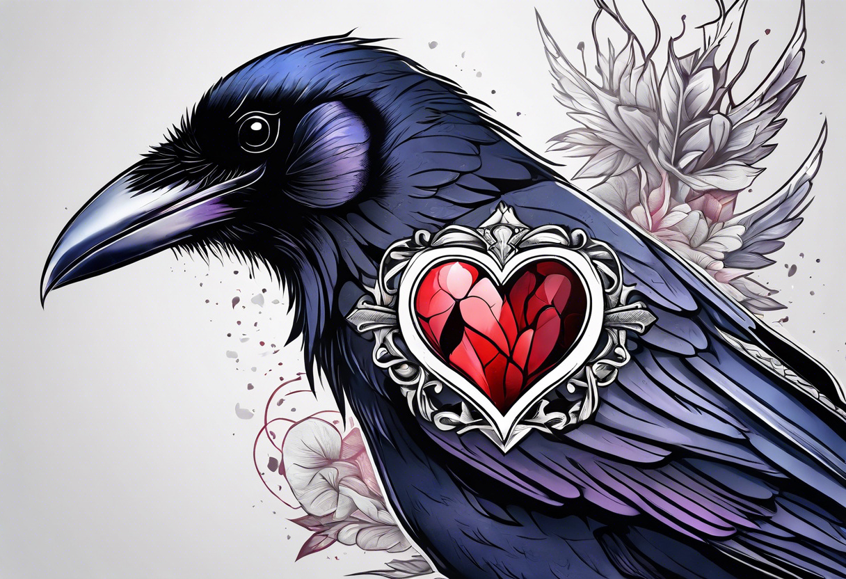 Raven with anatomical broken heart in beak tattoo idea