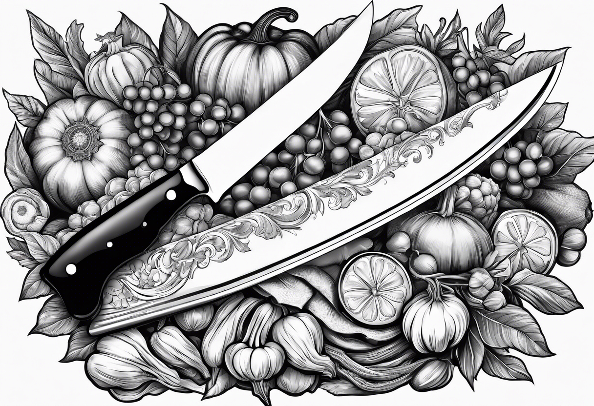 Chef knife with vegetables inside blade tattoo idea