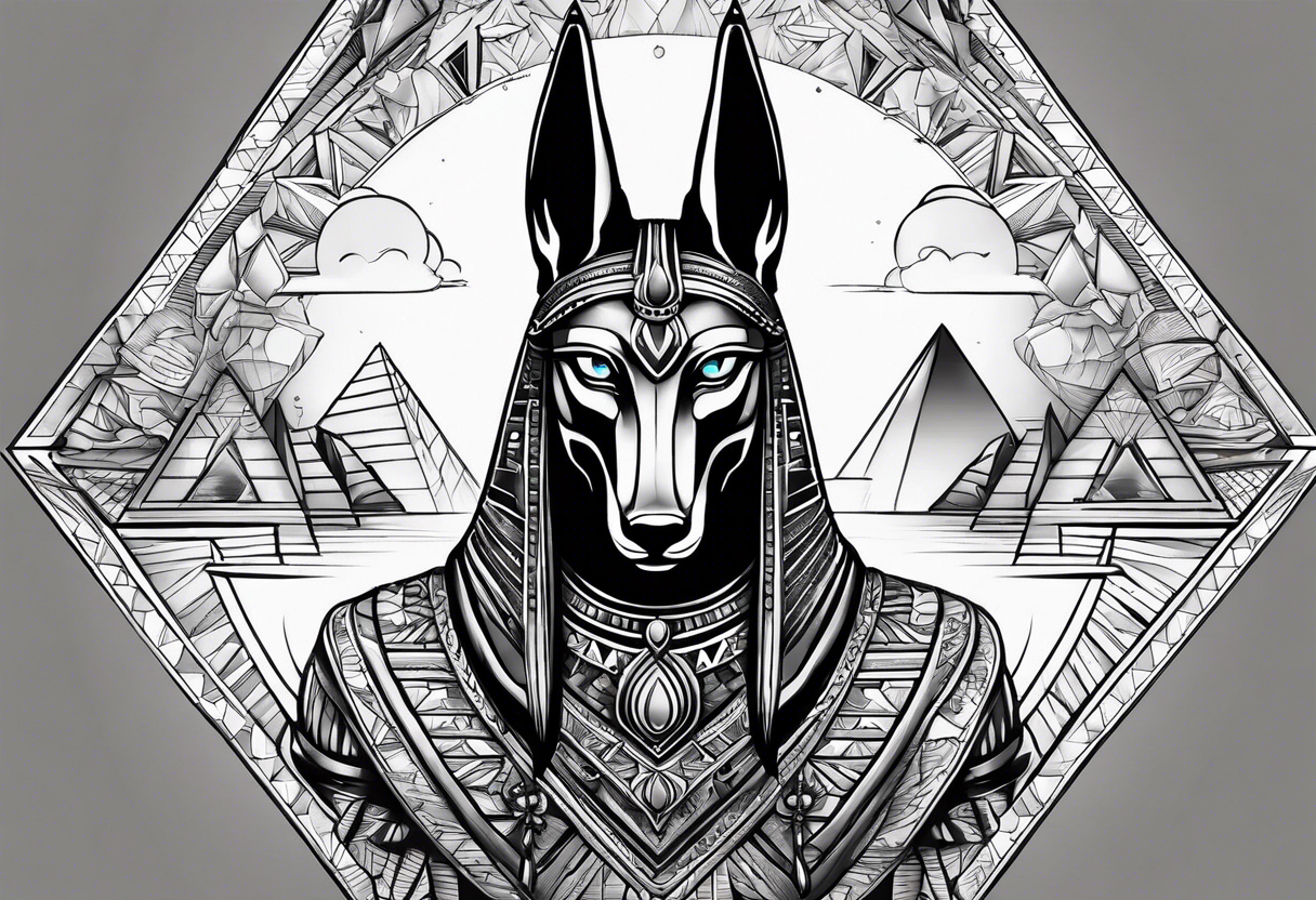 Strict Anubis portrait with pyramids on the background tattoo idea