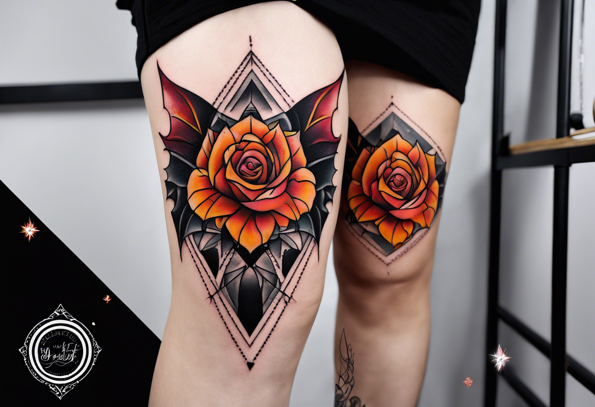 blackwork Bat Knee tattoo in fall colors with a rose tattoo idea