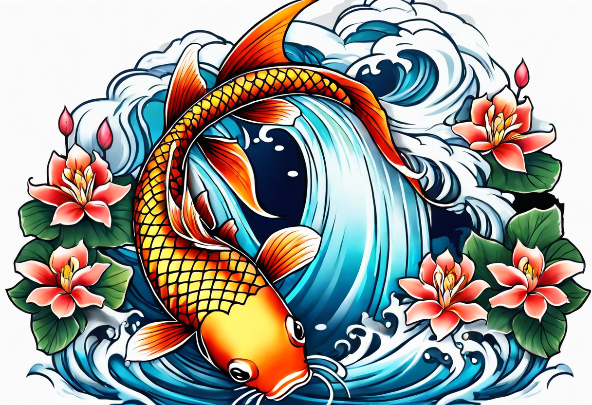 Koi swimming up a stream that leads to a waterfall tattoo idea