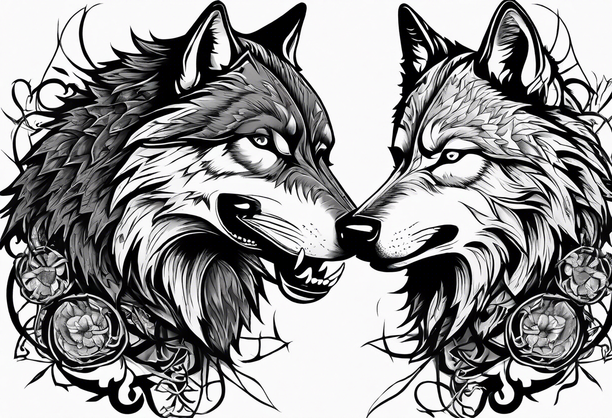 Two wolves face each other.  They wolf snarls, surrounded by thorns. tattoo idea